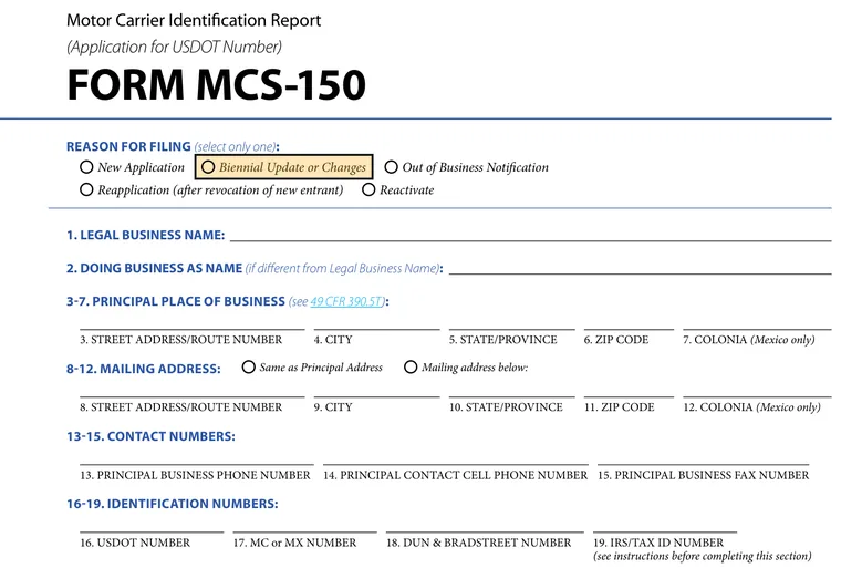 Top of page 1 of FMCSA Form MCS-150, with the Biennial Update or Changes choice under Reason for Filing highlighted, above items 1 to 19
